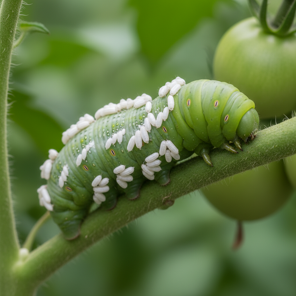 A tomato hornworm covered in white rice-like braconid wasp cocoons attached along its back, still clinging to a tomato stem