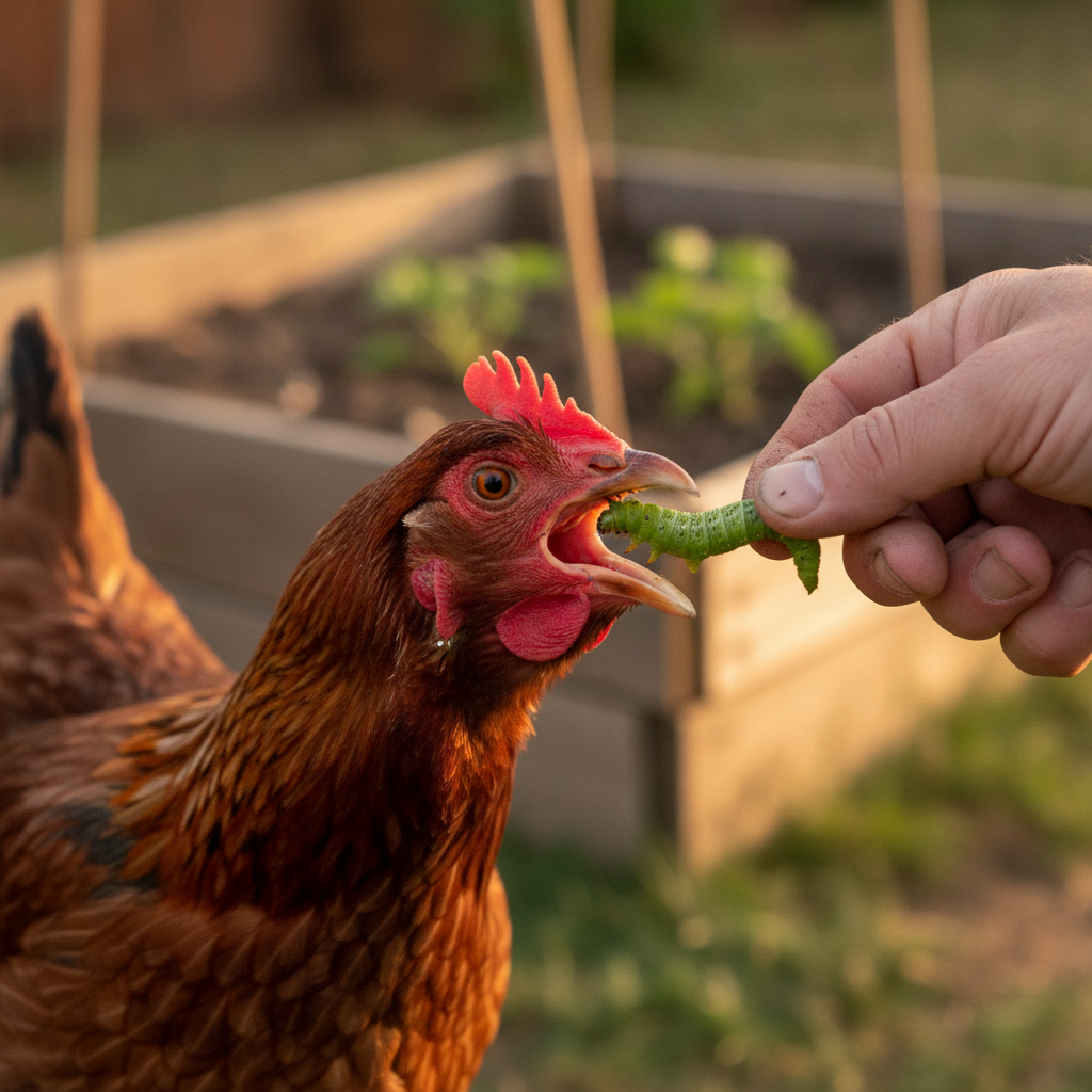A backyard hen eagerly eating a green tomato hornworm offered by a gardener's hand near a raised garden bed