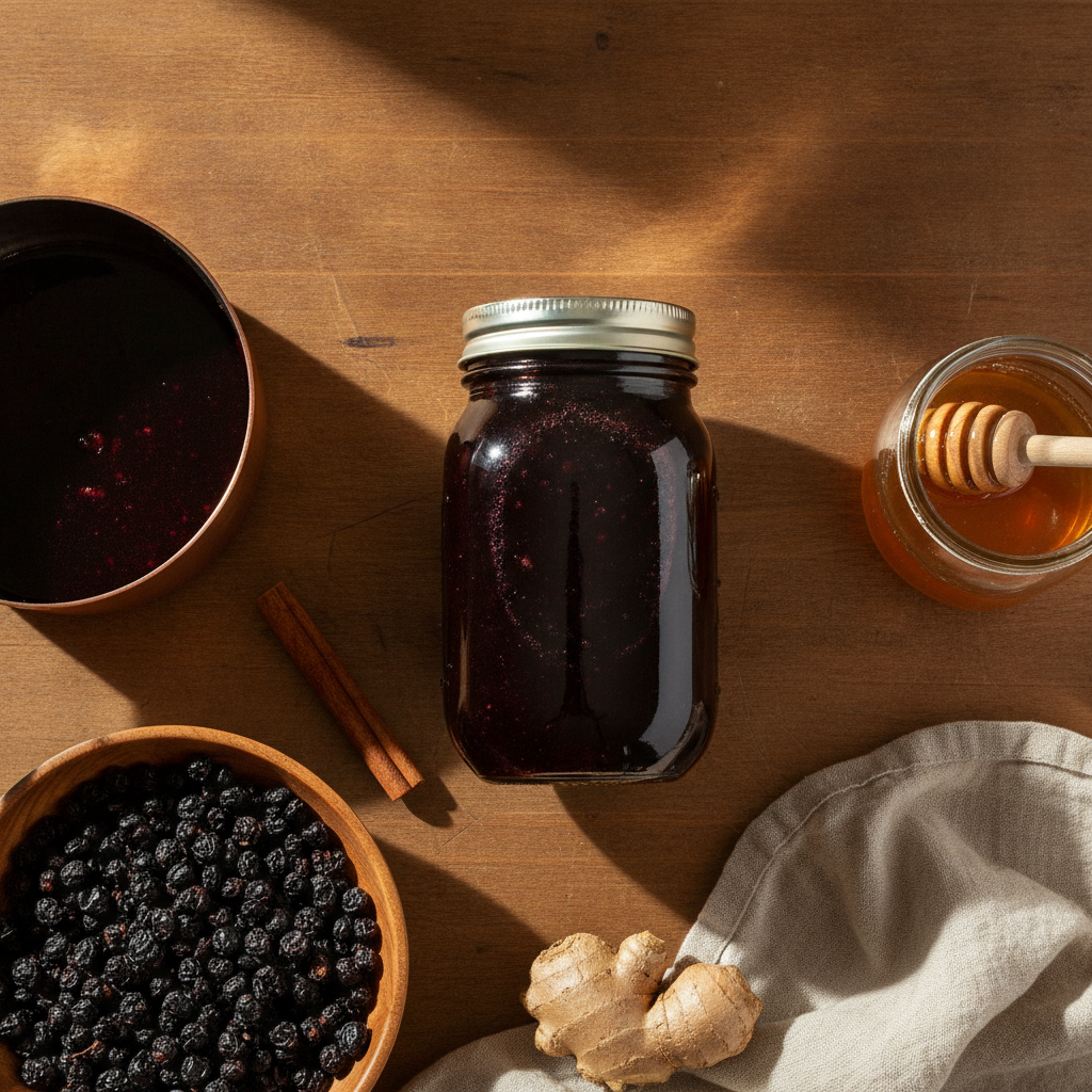 Glass mason jar of dark homemade elderberry syrup on a rustic kitchen counter beside a small saucepan, dried elderberries in a wooden bowl, a cinnamon stick, fresh ginger root, and a jar of raw honey in warm afternoon window light