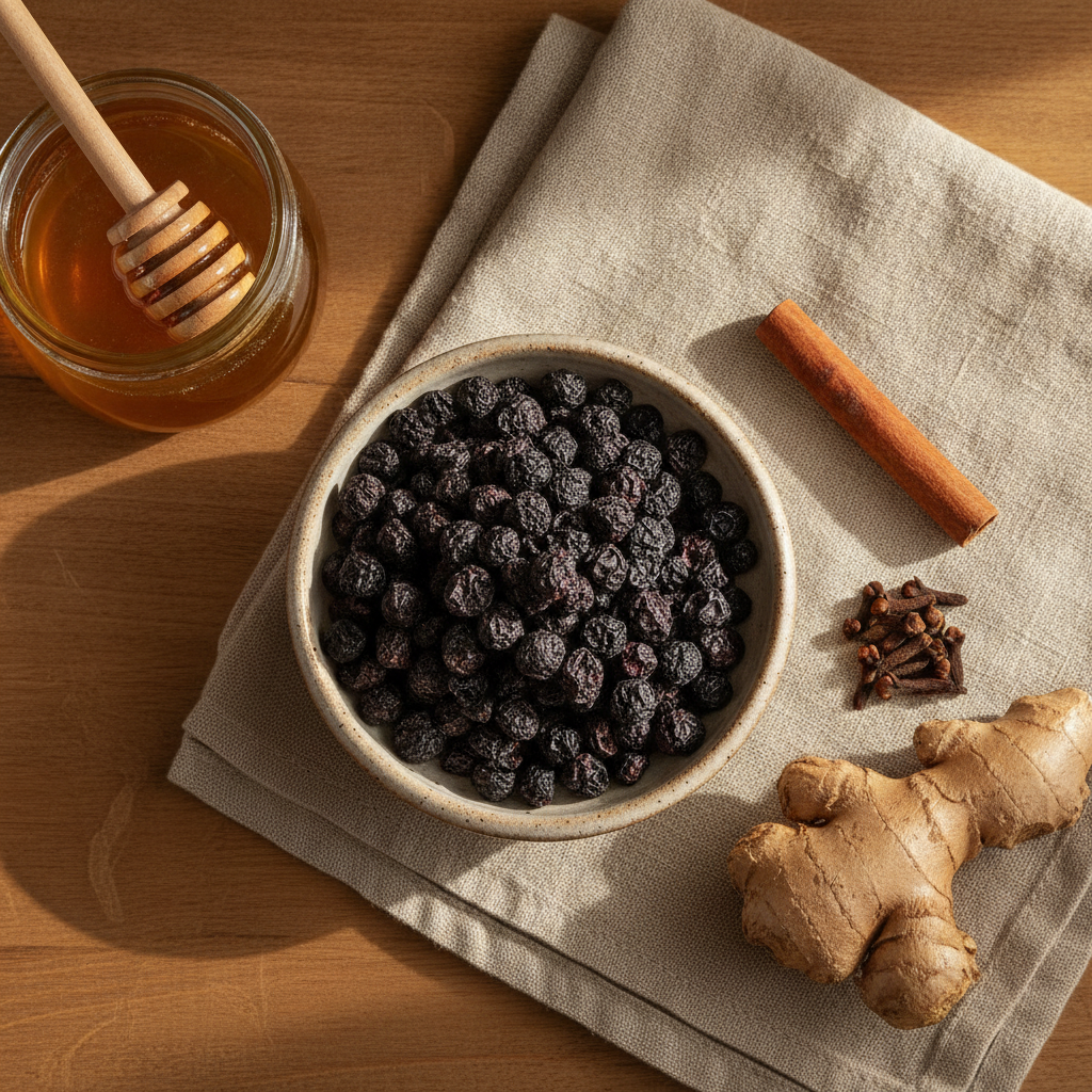 Dried black elderberries in a wooden measuring cup on a linen cloth beside a cinnamon stick, whole cloves, fresh ginger root, and a small jar of raw honey