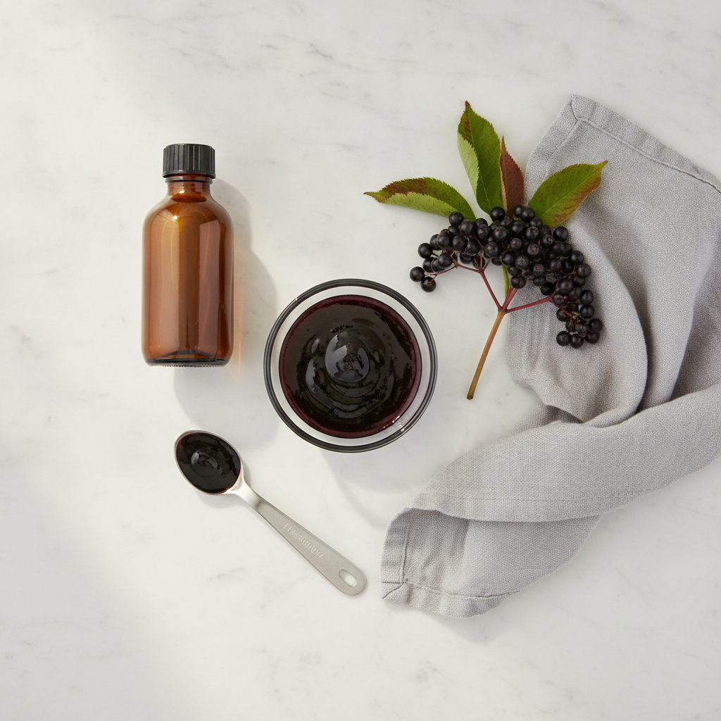 Overhead view of a small saucepan of simmering dark elderberry decoction with cinnamon sticks and cloves floating on the surface, steam rising in soft kitchen light