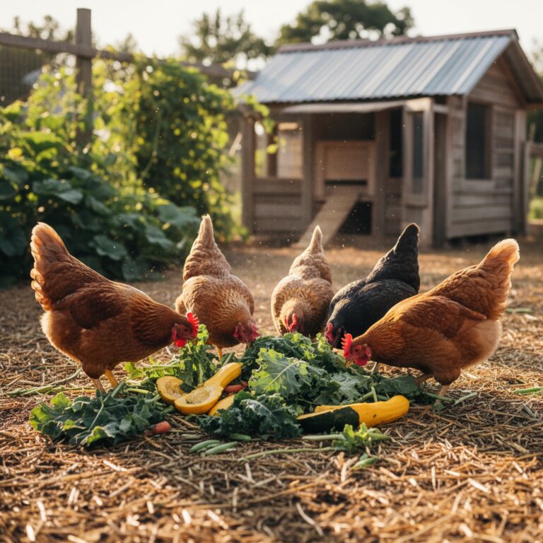 Backyard chickens eating garden scraps and fresh greens