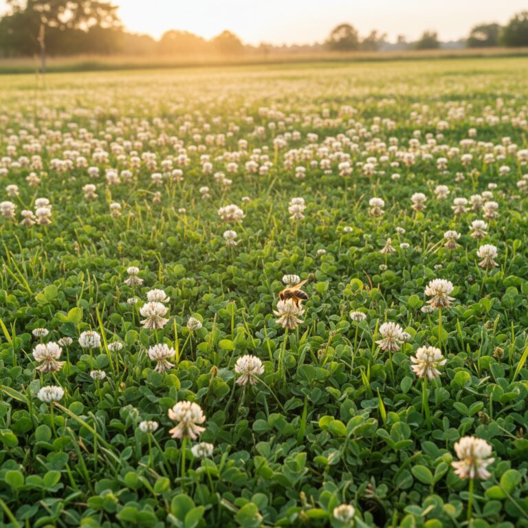 Lush green clover lawn with white flowers as a grass alternative