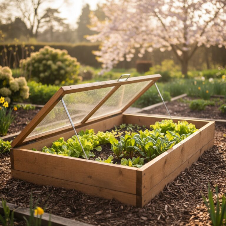 Wooden cold frame with glass lid protecting young plants in a garden