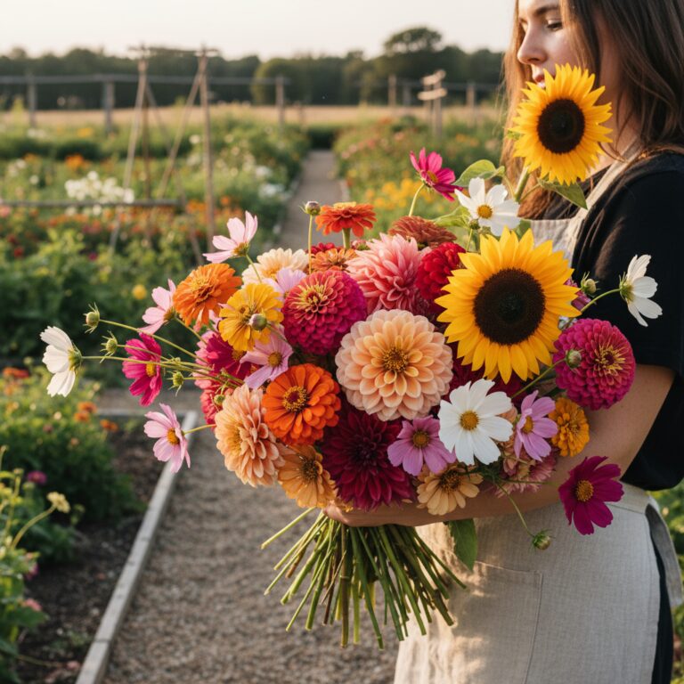 Armful of freshly cut garden flowers including zinnias dahlias and cosmos