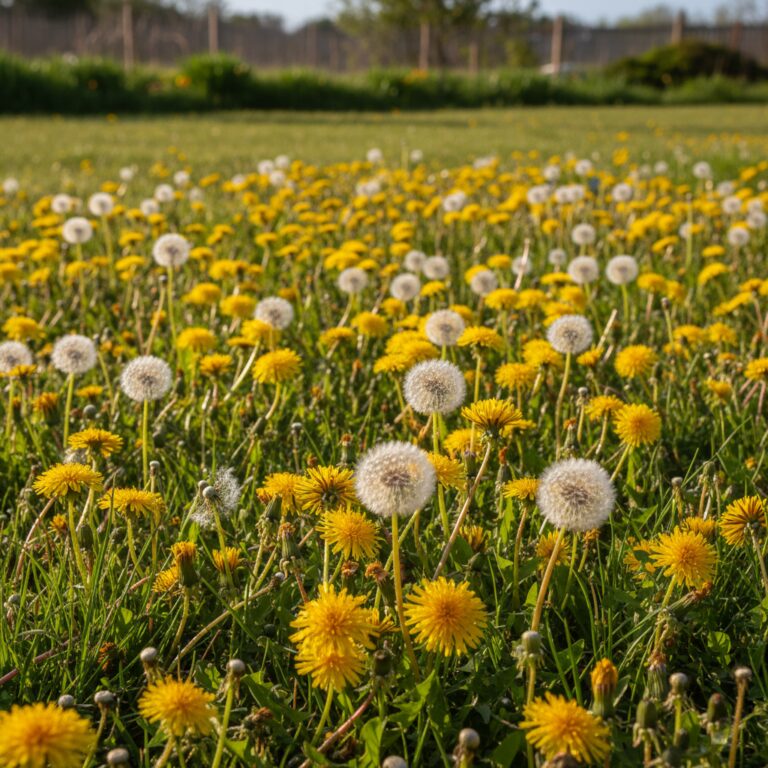 Bright yellow dandelion flowers growing abundantly in a green field