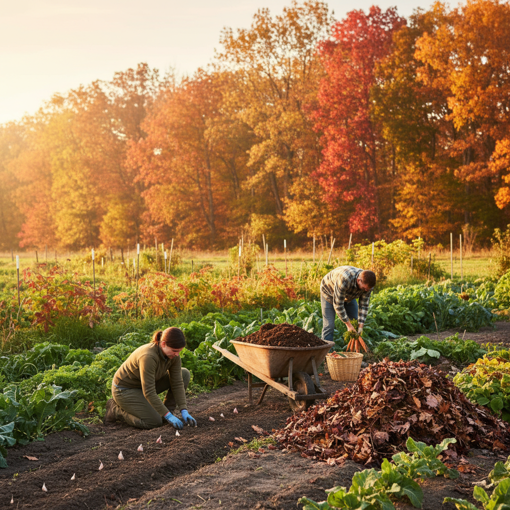 Beautiful fall garden with autumn light, harvest, and garlic planting