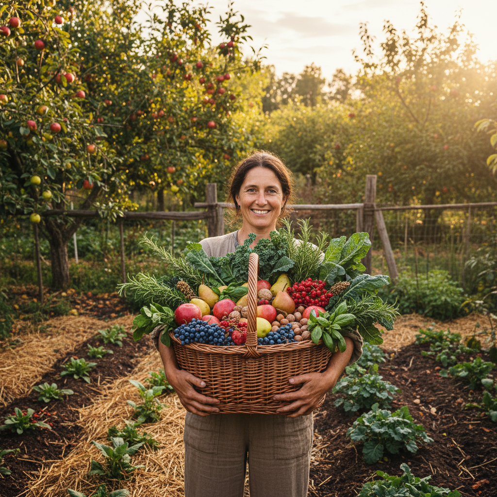 Person holding a basket overflowing with diverse food forest harvest including fruits, berries, herbs, and greens