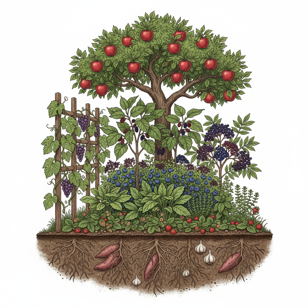 Diagram showing the seven layers of a food forest from canopy trees down to root crops