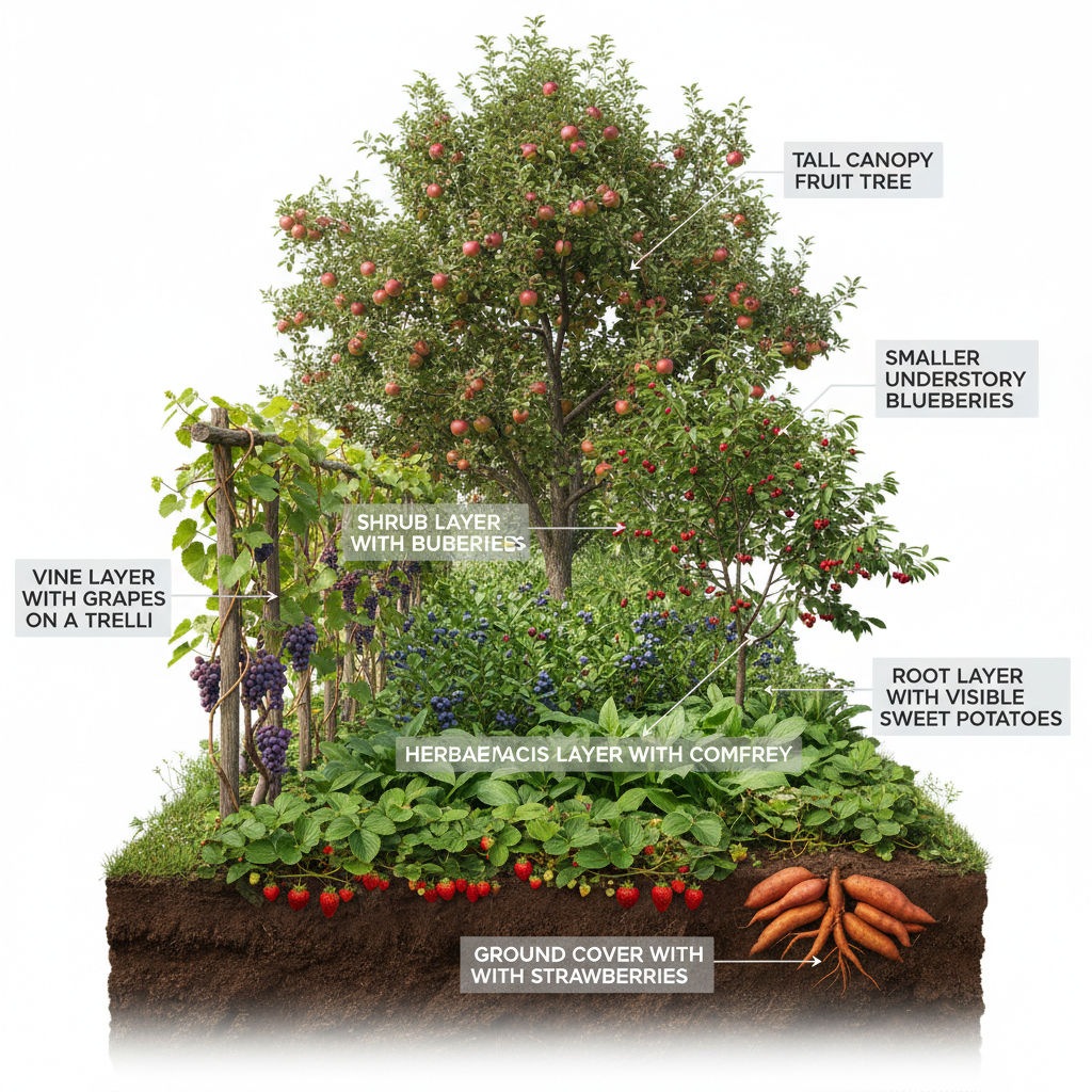 Diagram showing the seven layers of a food forest from canopy trees down to root crops