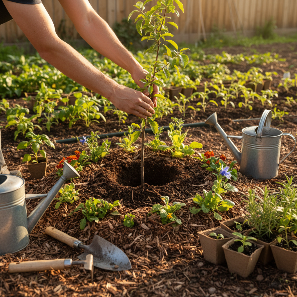 Hands planting a young fruit tree sapling surrounded by companion plants and mulch