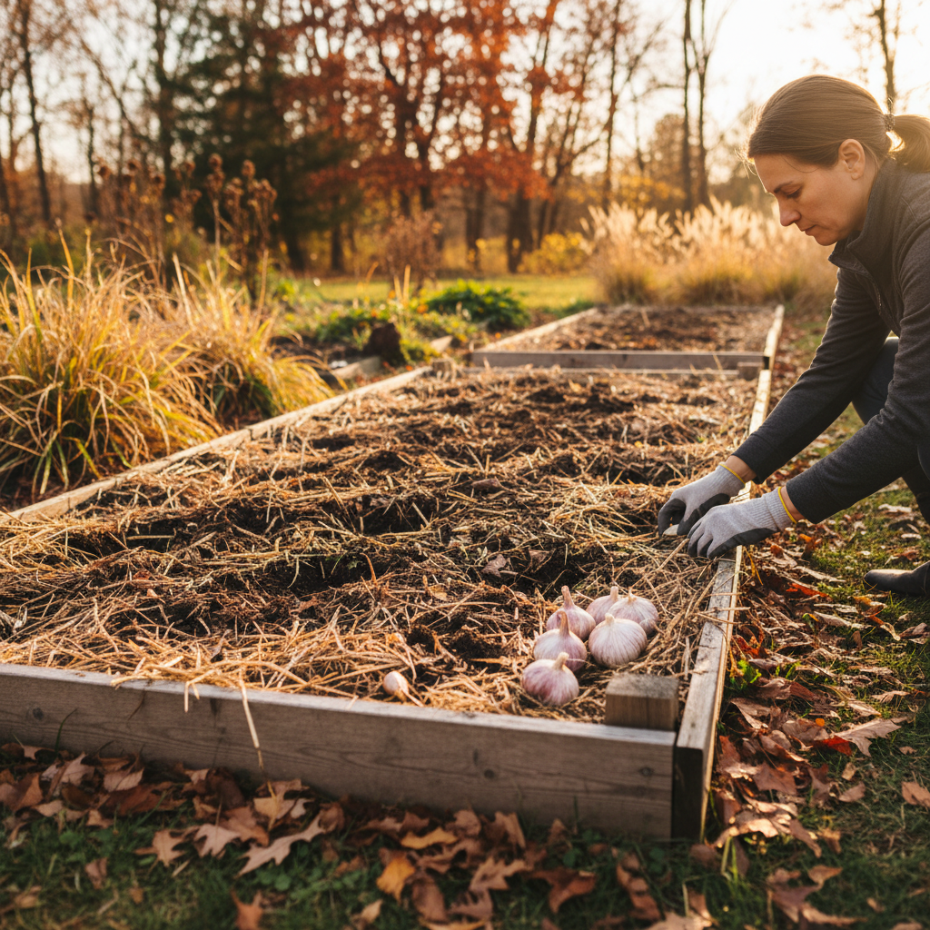 Garlic cloves being planted in garden soil in fall