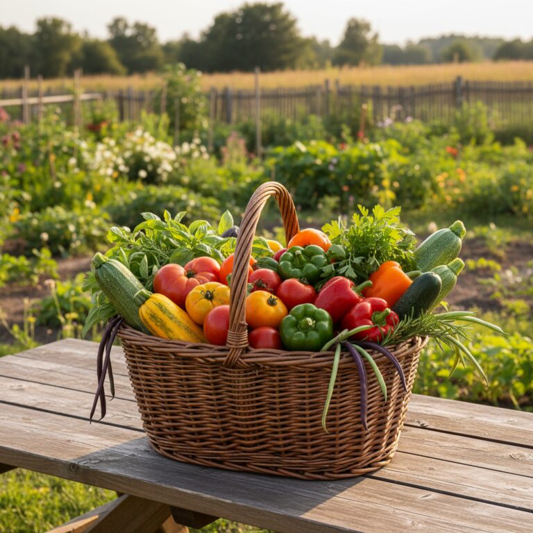 Wicker basket overflowing with freshly harvested garden vegetables