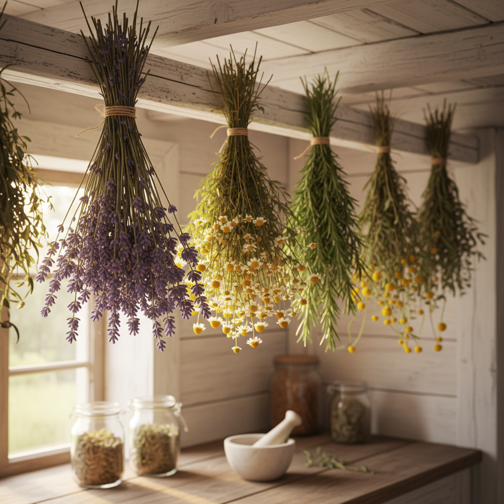 Bundles of medicinal herbs hanging to dry in a farmhouse kitchen