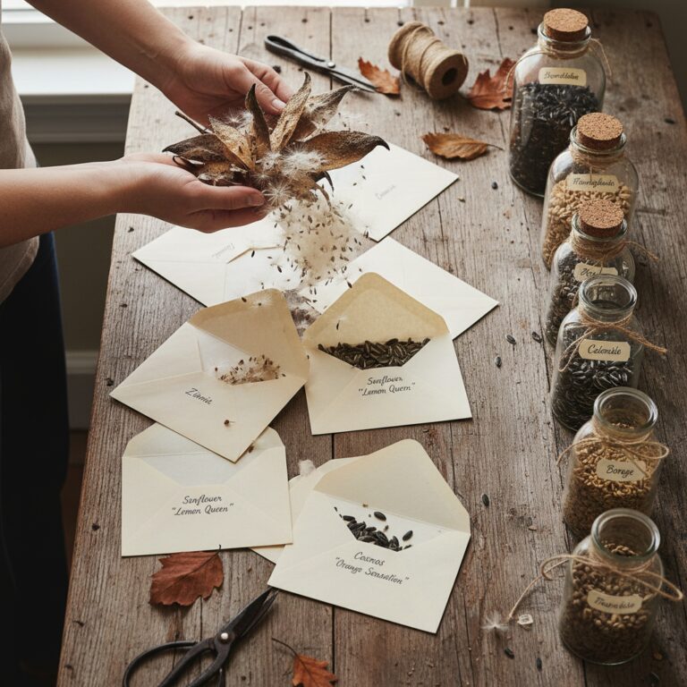 Dried seeds and seed pods from garden plants ready for saving in envelopes