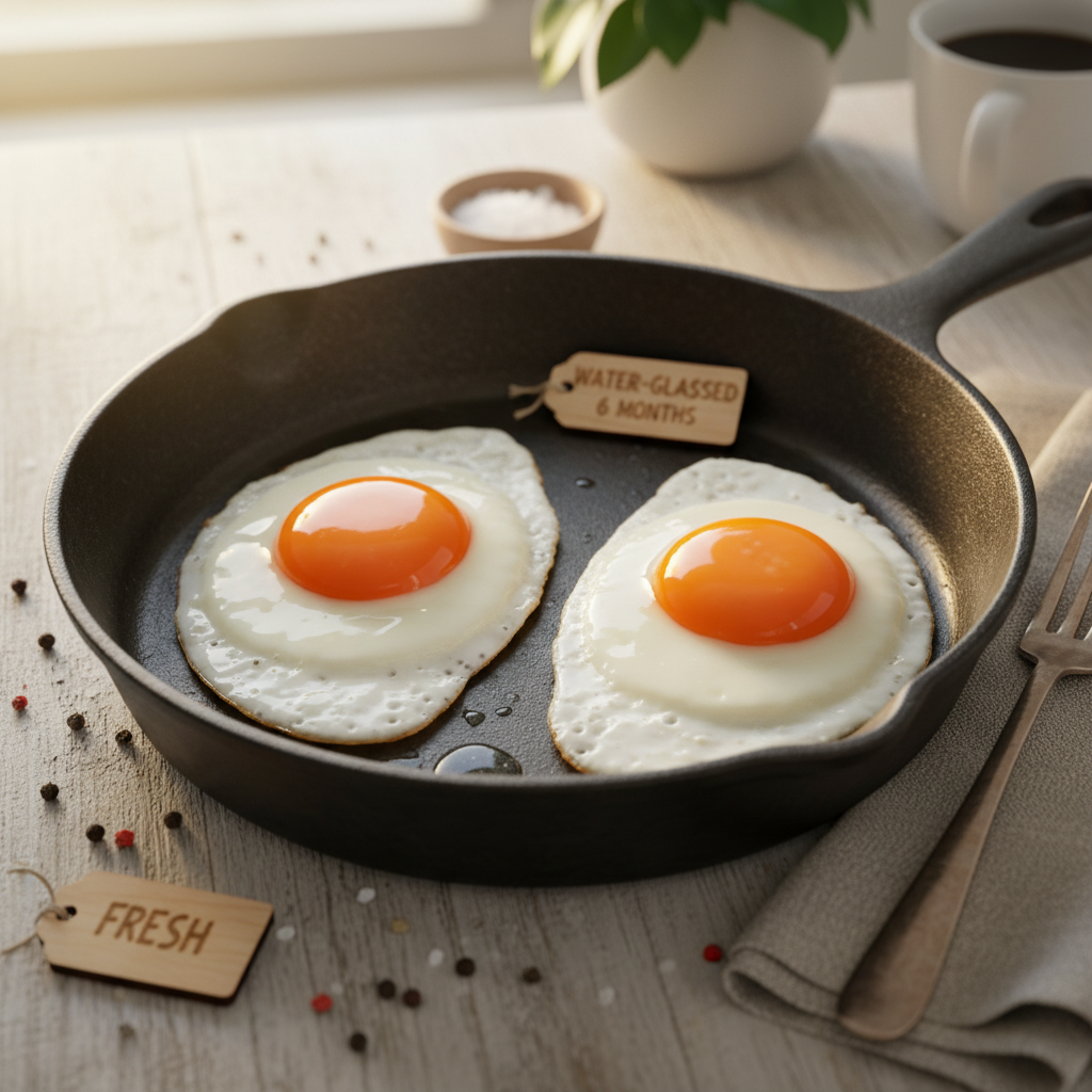 Fresh egg and water-glassed egg fried side by side showing equal quality