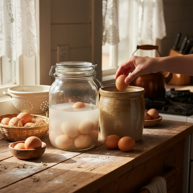 Fresh eggs being placed into a jar of water glassing solution